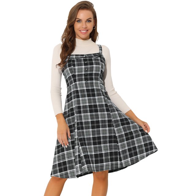 Vestido a media pierna sin mangas con decoración de botones a cuadros para mujer Negro L