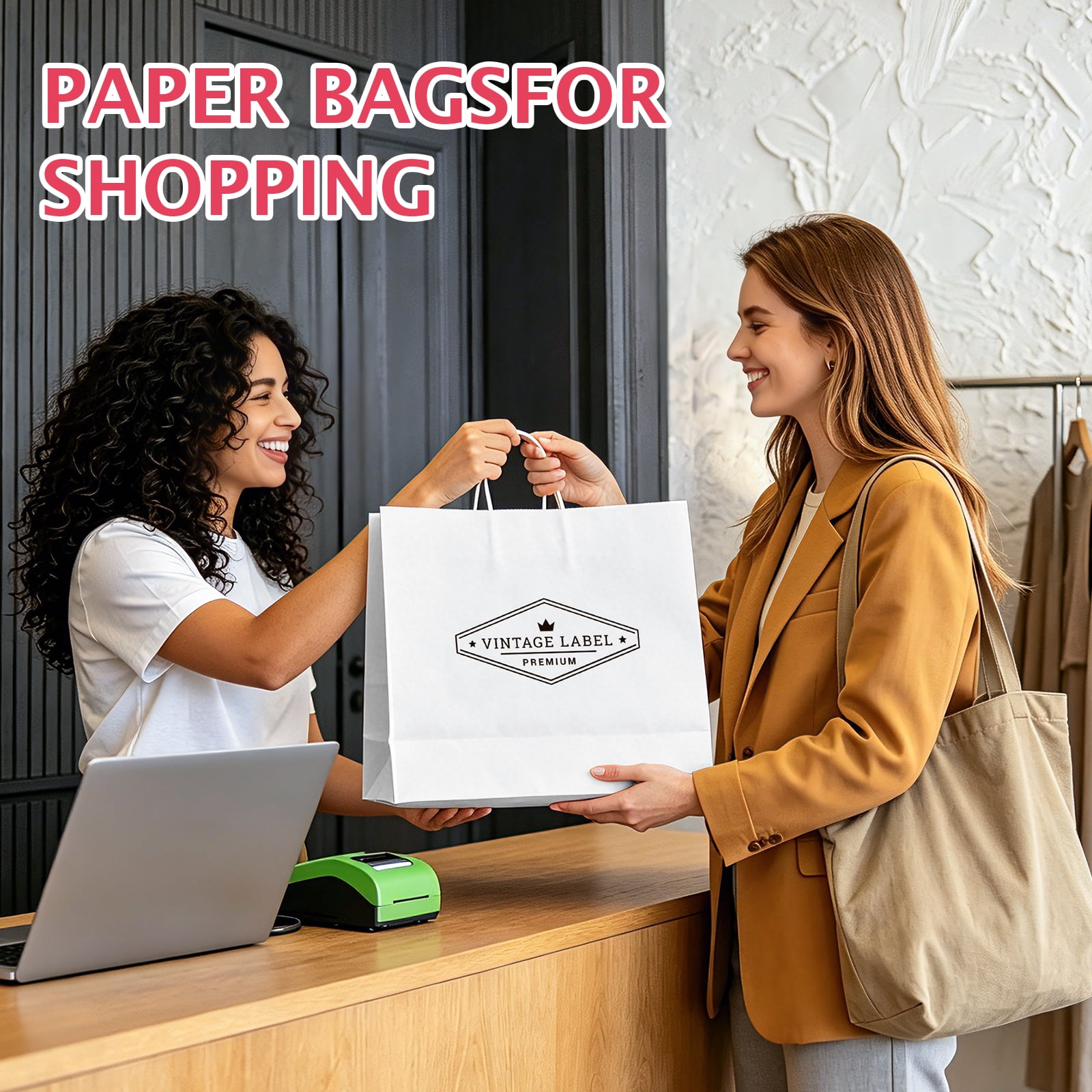 BagDream 50 Pack Large Paper Gift Bags with Handles 16x6x12" Recycled White Kraft Paper Bags for Business, Merchandise, Shopping, Retail Stores