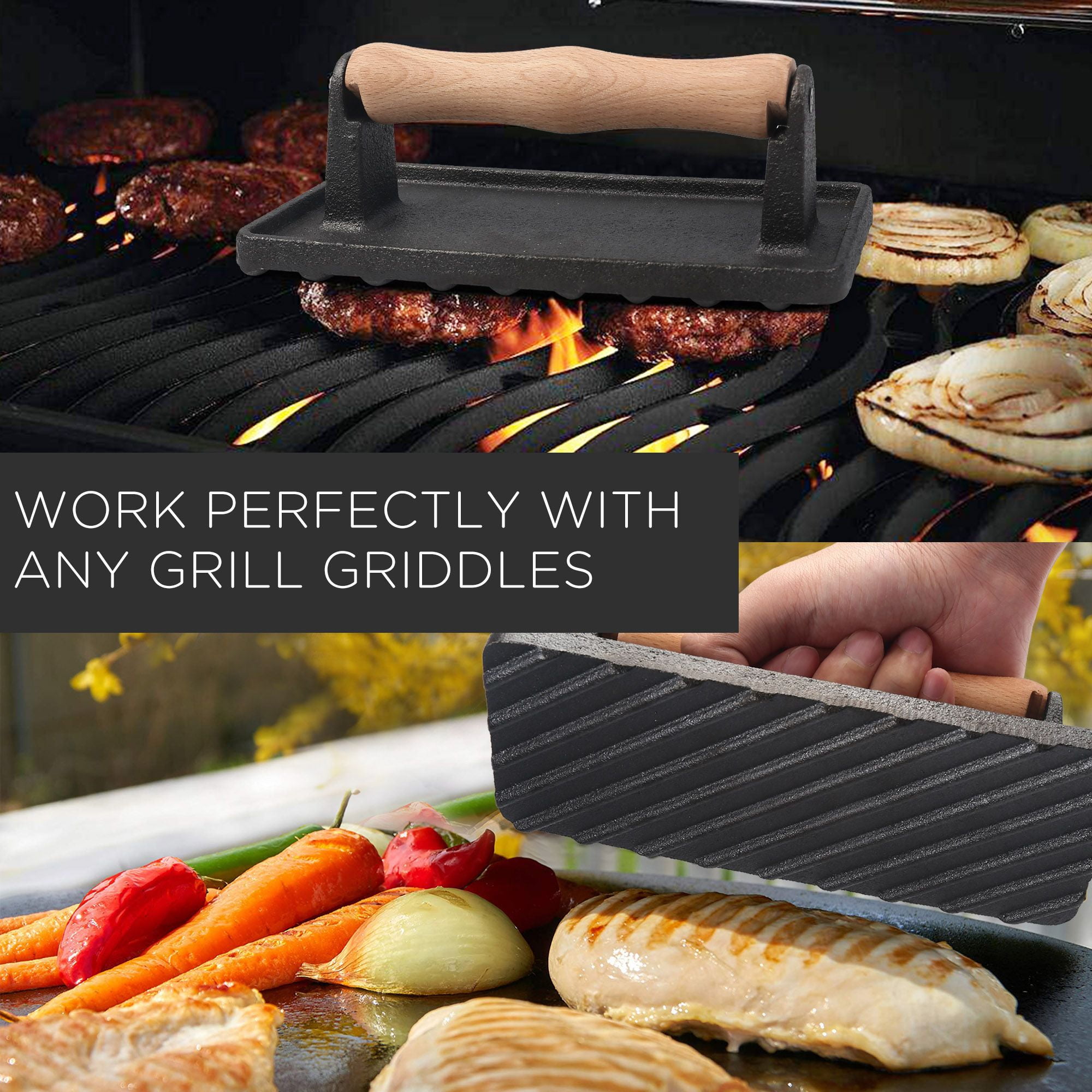 Cast Iron Burger Smasher Rectangle Hamburger Press with Wood Handle  Thickened Heavy Cast Flat Iron Steak