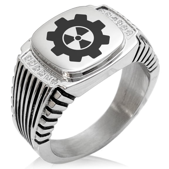 Stainless Steel Radioactive Gear CZ Ribbed Needle Stripe Pattern Biker Style Polished Ring