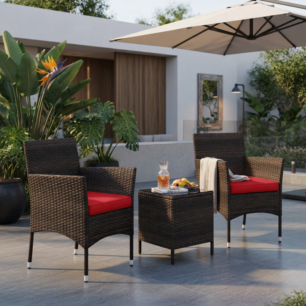 Hommoo 3-Piece Outdoor Wicker Conversation Set, Tempered Glass Coffee Table, PE Rattan & Metal Frame, Weather-Resistant Patio Seating for Backyard, Poolside & Porch, Red
