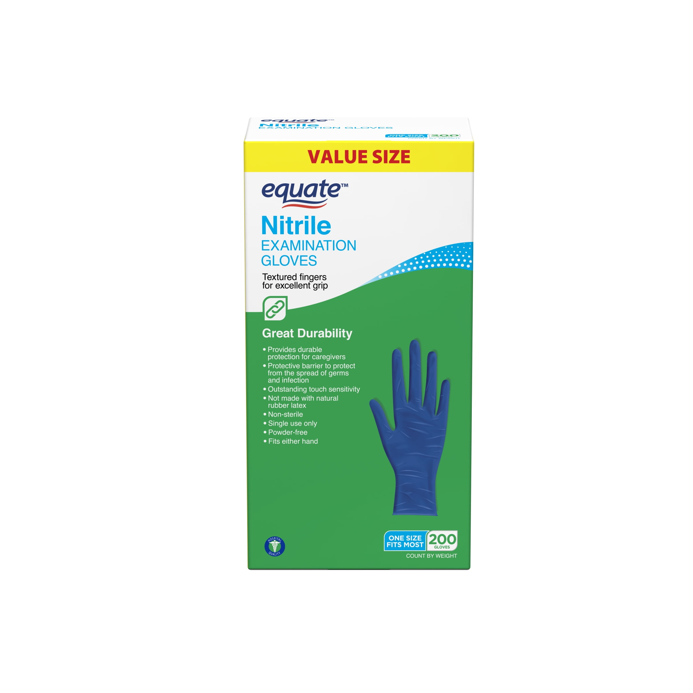 EQUATE NITRILE EXAM GLOVES, ONE SIZE FITS MOST, 200 COUNT