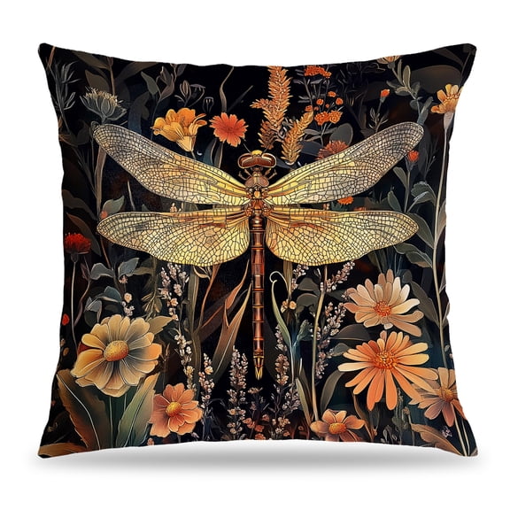 Dragonfly Gifts for Women, William Morris Inspired Pillow Cover 18x18, Moody Cottagecore Floral Throw Pillow, Dark Aesthetic Decor for Bedroom Living Room Sofa, Black