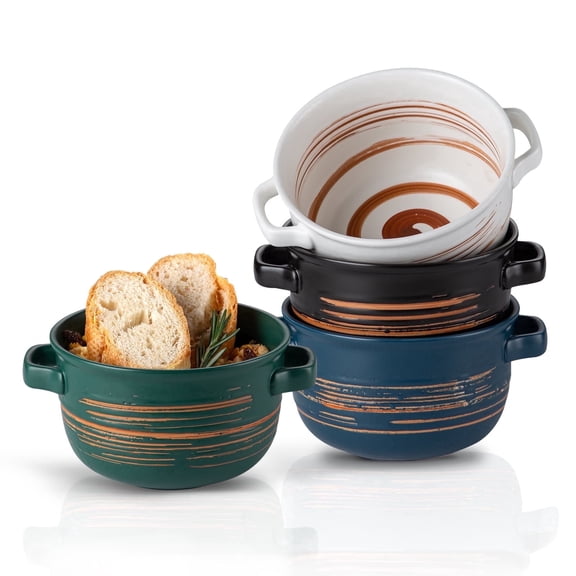 YUN TAO 32oz Large Soup Bowls with Handles, Ceramic Deep Soup Bowls Set of 4, Oven Safe French Onion Soup Crocks for Ramen, Stews, Pot Pies