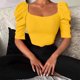 thumbnail image 4 of Mujeres Casual Puff manga Top Scoop cuello Slim Fitting acanalado Color puro camiseta Top amarillo L, 4 of 7