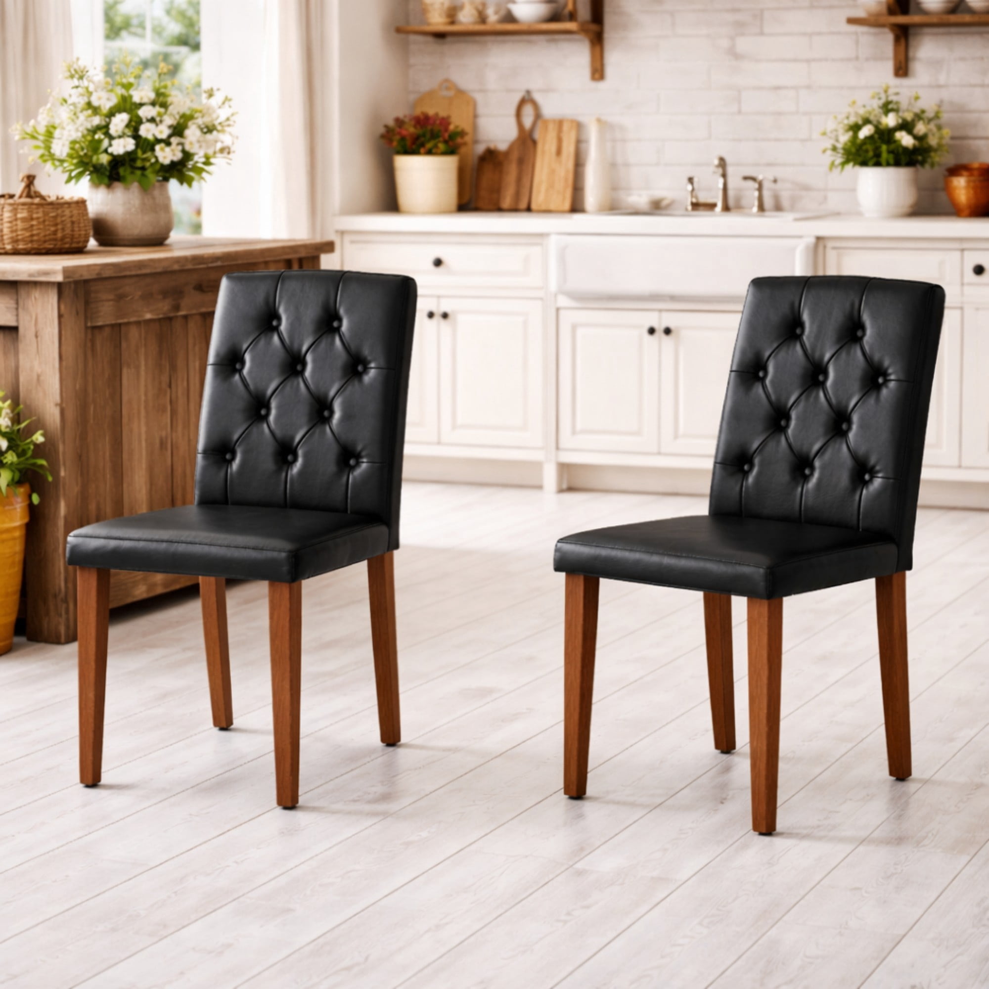 TesNus Dining Chairs Set of 2, 35" Height Black PU Leather Tufted Back Upholstered Chairs with Walnut Metal Legs for Dining Room Kitchen