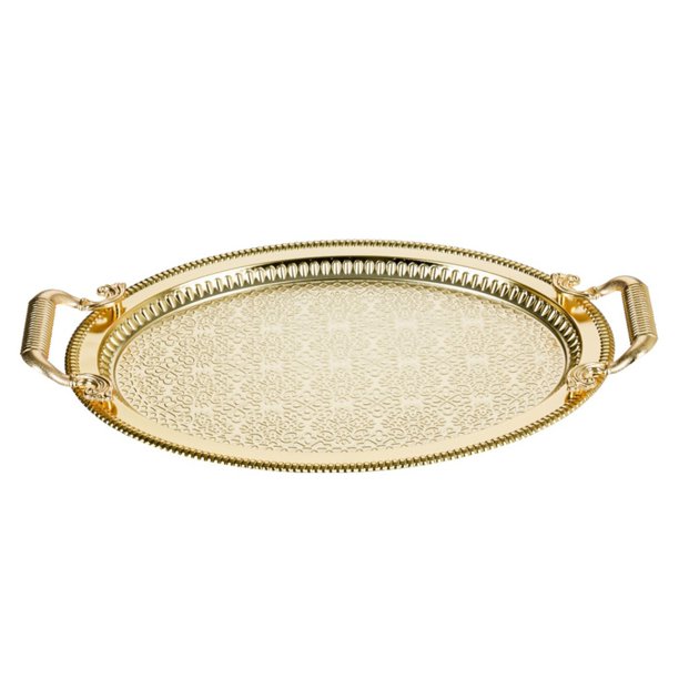 Decorative Oval Embossed Big Serving Tray with Gold Handles, Ottoman