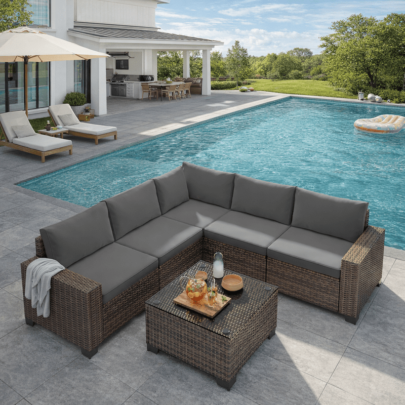 Aiho Outdoor Patio Furniture Set with All Weather Wicker, 6 Pieces Outdoor Sectional Sofa with Soft Cushions and Coffee Table, For Garden, Backyard, Poolside, Patio, Porch and Balcony - Gray