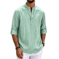 thumbnail image 2 of Satingcolo Linen Henley Shirts for Men V Neck Long Sleeve Band Collar Button Shirts Casual Breathable Vacation Hippie Top,Green 2XL, 2 of 5