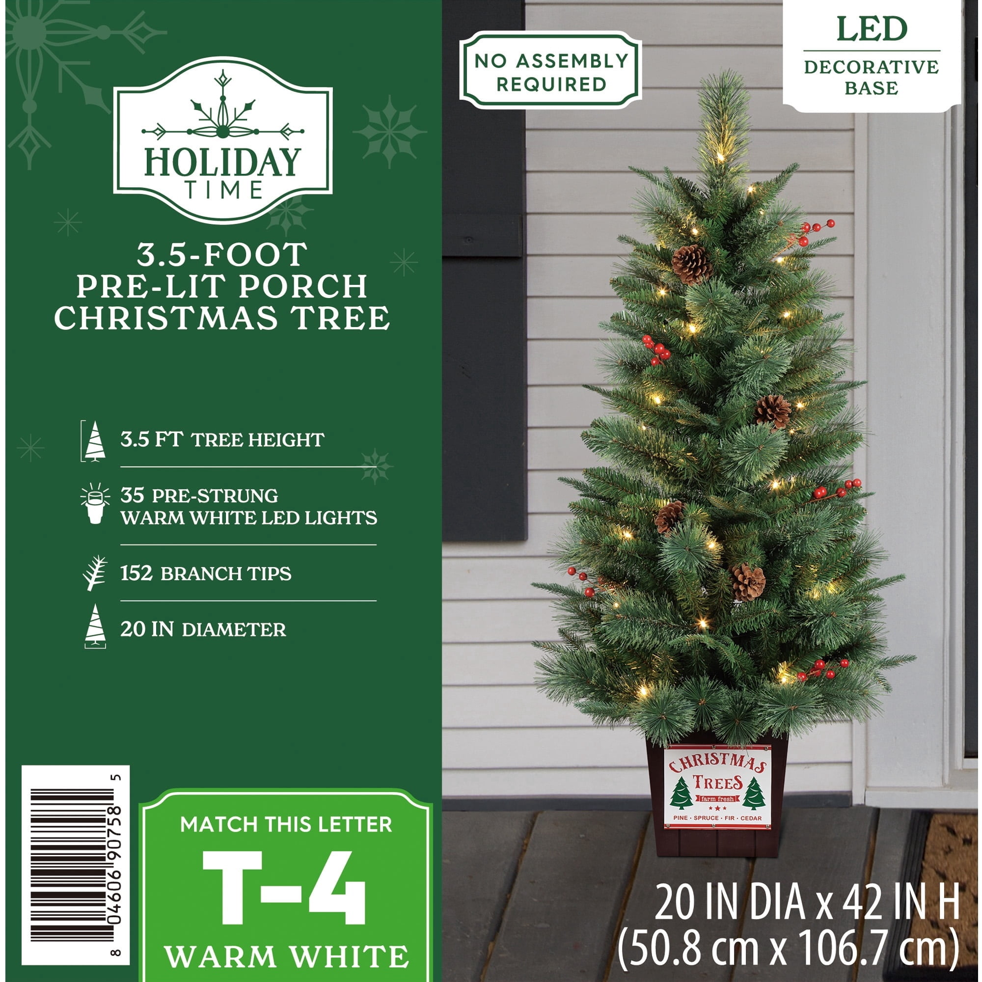 3.5' Pre-Lit Green Artificial Porch Christmas Tree with 35 Warm White LED Lights in Decorative Base, by Holiday Time