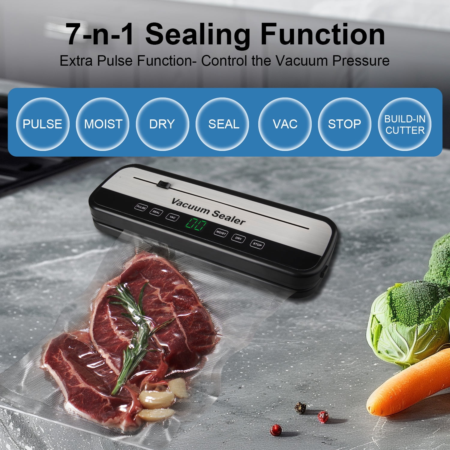 AndHot Vacuum Sealer Machine,Food Vacuum Sealer Machine Automatic Air Sealing for Food Storage, Build-in Cutter, Pulse Function,Dry and Moist Food Modes with 10 Pcs Seal Bags for Camping, Kitchen