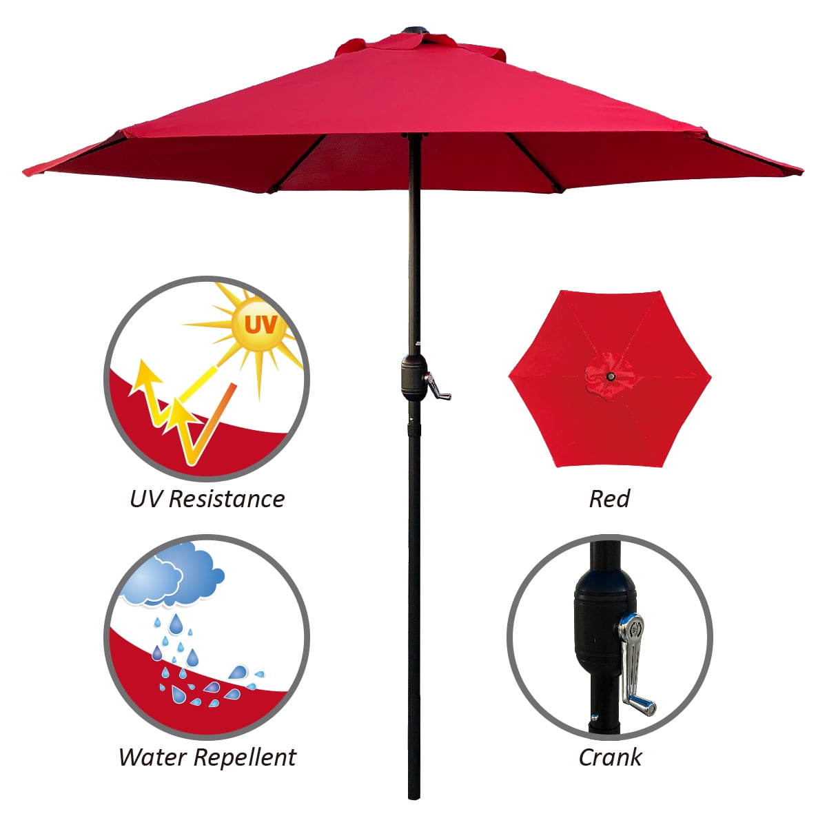 Abble 7.5ft Patio Umbrella with Crank Outdoor Market Umbrella with 6 Ribs for Garden Deck Backyard Pool, Red