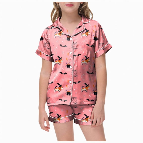 felwors Halloween Pajamas Button Down Tops Shorts 2pc Outfits Halloween Nighie Gifts Preppy Clothes(10-11 Years,Pink)