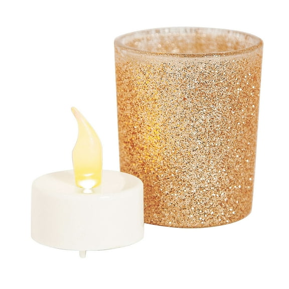 Champagne Glitter Glass Votive Candle Holders with Battery-Operated Tea Light Candles, Home Decor, Wedding, 24 Pieces