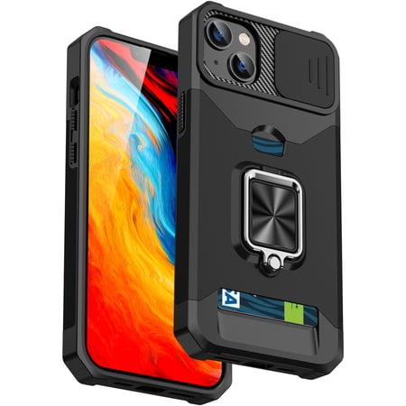 ShellTech Case for iPhone 14,Shockproof Rubber Ring Holder Kickstand Case Magnetic Card Slot Slide Camera Lens Protection Back Cover,Black