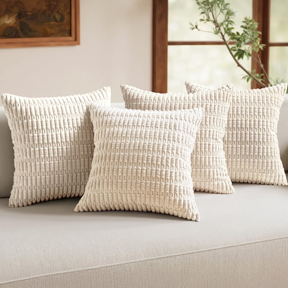 MIULEE Lot de 4 Housses de Coussin Décoratives en Velours Côtelé Crème Blanc 18x18 Pouces Housses de Coussin Rayées Boho Douces Décoration Maison Ferme Moderne pour Canapé