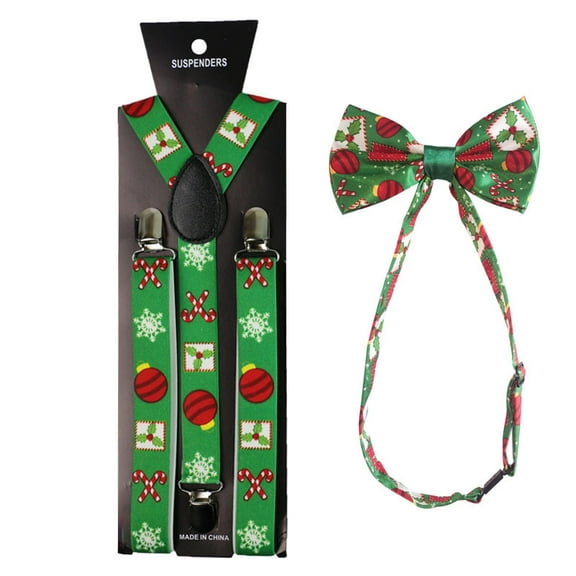 Christmas Suspenders and Bow Tie Set - Green with Candy Cane, Snowflake, Ornament Prints - Festive Holiday Costume Accessory for Men Boys