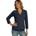thumbnail image 4 of Womens 3/4 Sleeve Shirts Banded Bottom V Neck Summer Tops Loose Fit Casual Dressy Basic Tees Navy S, 4 of 5