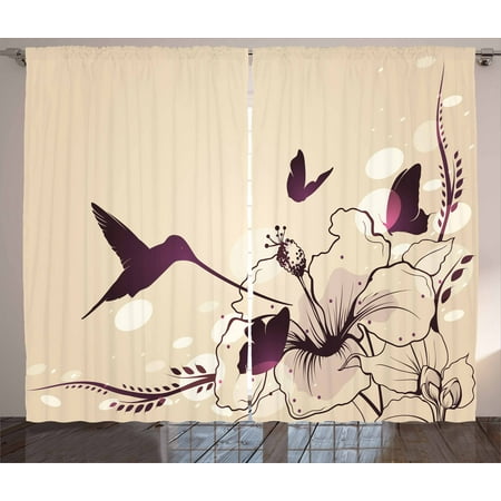 Ideas For A Tiny Bedroom Birds Curtains 2 Panels Set, Flapping Tiny Hummingbird Interacting with Giant Flowers and Butterflies, Window Drapes for Living Room Bedroom, 108W X 108L Inches, Pale Peach and Purple, by Ambesonne ()