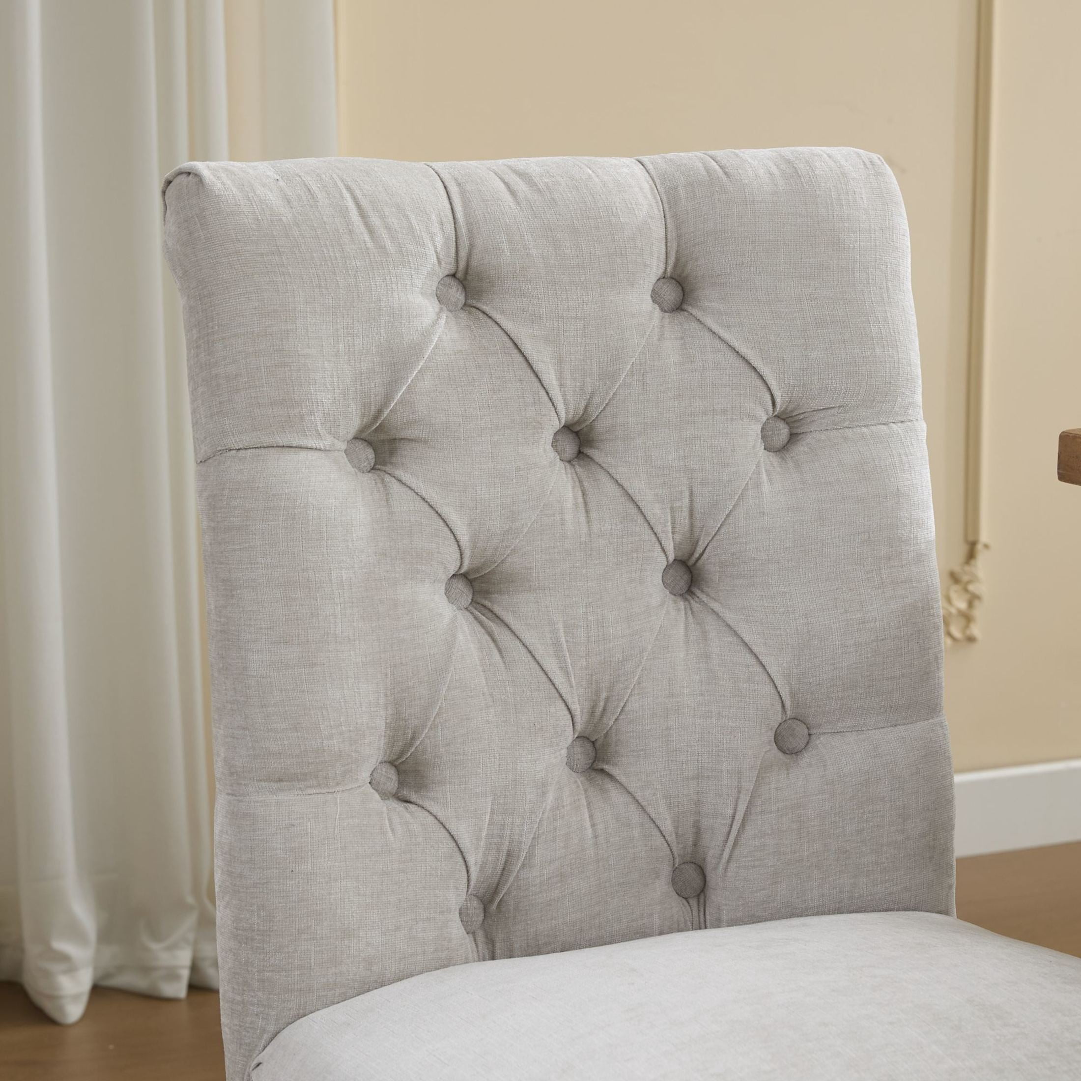 Noble House Set of 2 Tufted Chenille Upholstered Dining Chairs, Curved Solid Wood Legs, Beige