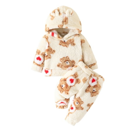 

Baby Sweetie Toddler Baby Pants Pullover Tops 2pcs Set Winter Warm Fuzzy Long Sleeve Bear Print Hooded Pants Outfits