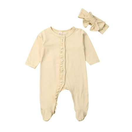 

Canrulo Newborn Baby Girl Boy Cotton Romper Bodysuit Headband Pyjamas Outfits Clothes Beige 0-3 Months