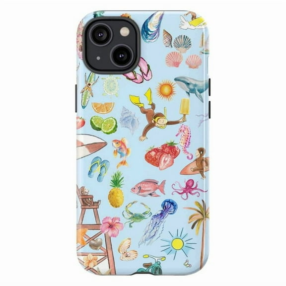 Curious Monkey Summer Beach Phone Case – For iPhone 11 12 13 14 15 16 Pro Max Mini Plus, Ocean Doodle Design, Dual Layer Protective Cover