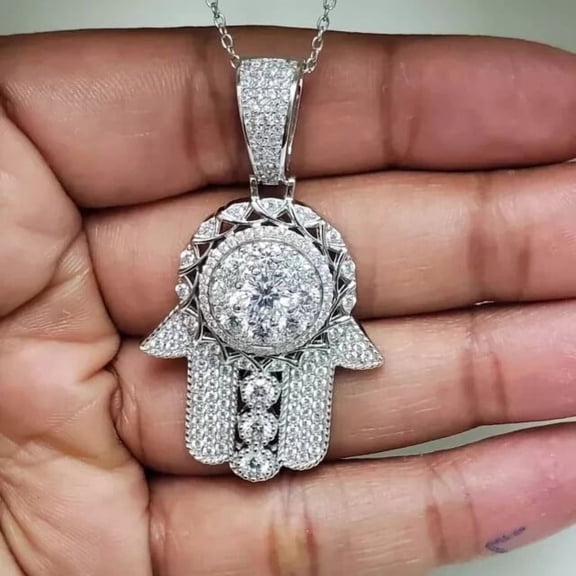 2.50Ct Round Cut Lab Created Diamond Hamsa Hand's Pendant 14k White Gold Plated