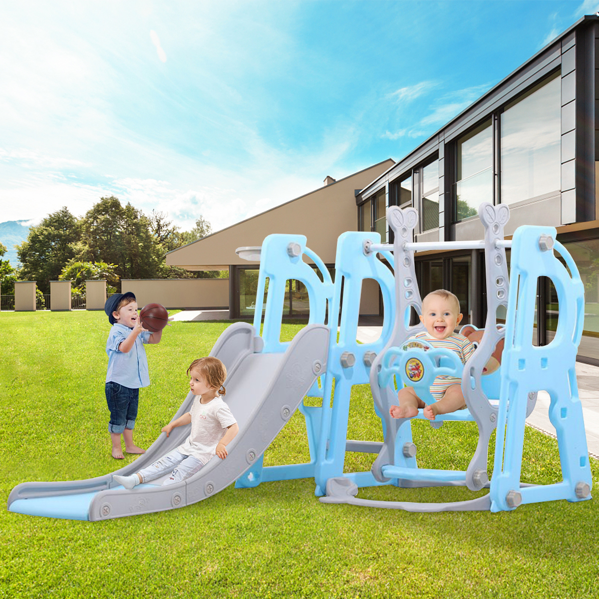 Child Playground Swing Chair +Kids Slide + Basketball Hoop 3 IN 1 Set