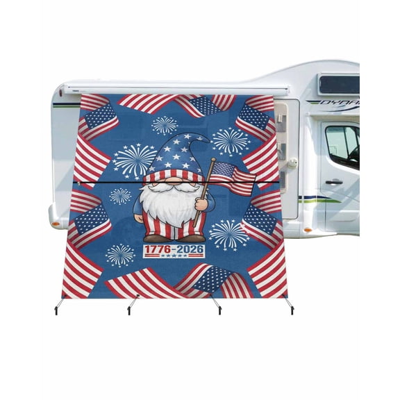 4th of July RV Awning Sun Shade Screen 9'X7' American Flag Gnome Mesh Sunscreen Patriotic Star Fireworks Awning Shade Screen with Zipper UV Blocker Completed Kits for RV Motorhome Camper