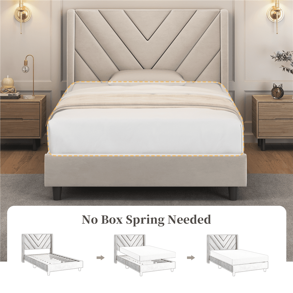 Renwick Upholstered Platform Bed with Wooden Slat Support and Tufted Headboard for Adult, Twin, Beige