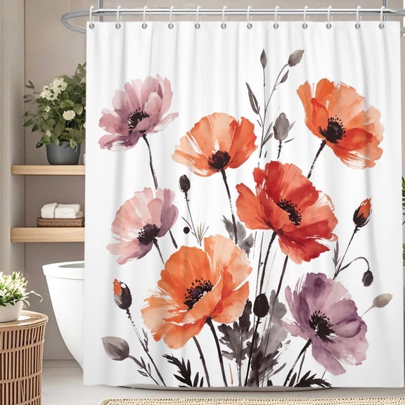 Duangreer Vintage Floral Shower Curtain, Watercolor Flower Bathroom Decor, Waterproof Fabric with 12 Hooks, Orange, 72"x72"