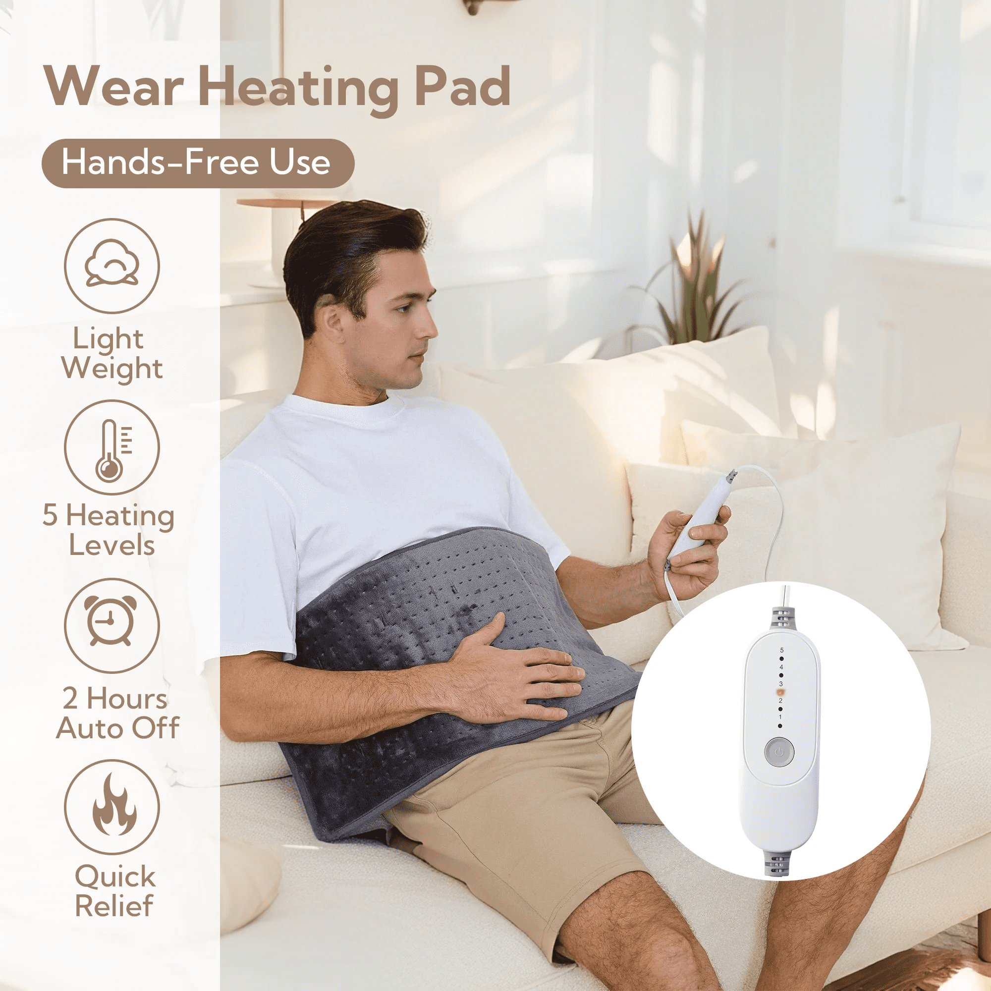 SUNNY HEAT Electric Heating Pad 12x24 Inches, Targeted Muscle Pain Relief, 5 Heat Settings with Auto Shut off, Gray (1 Piece)