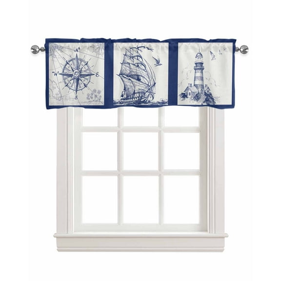 Nautical Sailing Boat Linen Curtain Valance for Bedroom/Bathroom/Kitchen/Office/Living/Dining Room Window,Compass Navigation Retro Map Blue Rod Pocket Topper Decorative Cafe Drapes Panel 42"x12"