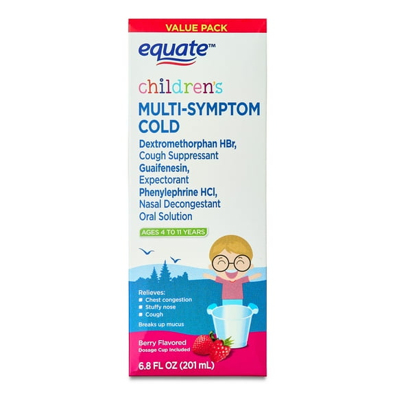Equate Children's Multi-Symptom Cold Liquid, Berry Flavor, Ages 4 to 11 Years, 6.8 fl oz, Compare to Children's Mucinex® Multi-Symptom Cold Active Ingredients
