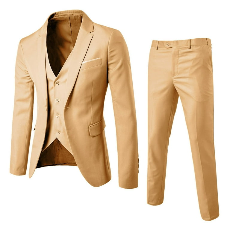 Wozhidaose Suits for Men Men’s Suit Slim 3 Piece Suit Business Wedding  Party Jacket Vest & Pants Coat Mens Shirts Beige M
