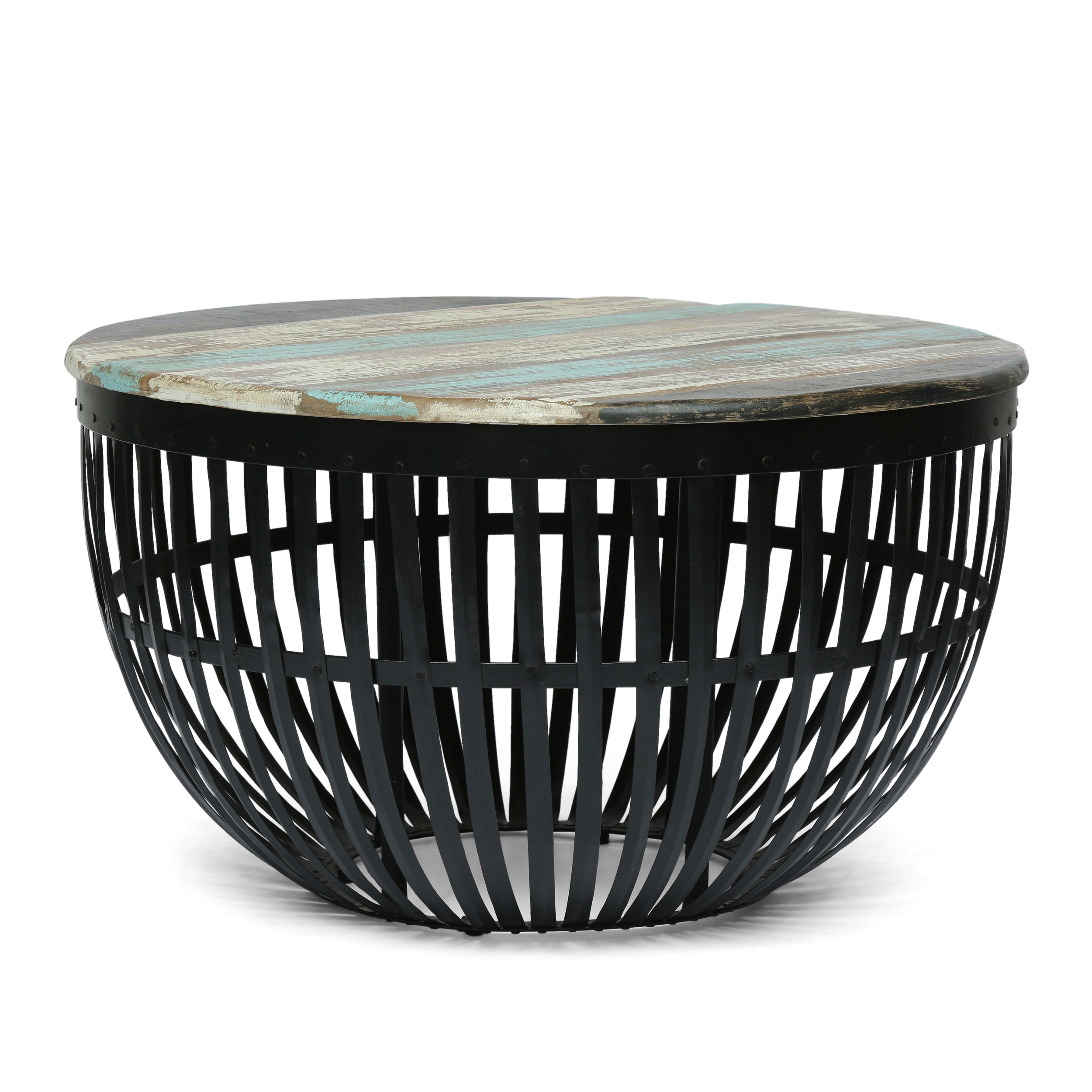Noble House Gareth Modern Round Metal Coffee Table, Natural/Black