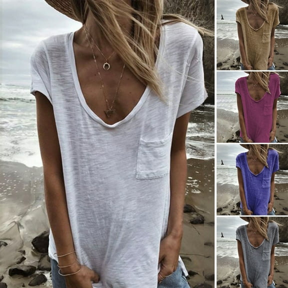 ZenCart Women T-shirt Round Neck Short Sleeve Patch Pocket Tee Shirt Solid Color Loose Fit Thin Pullover Tops Daily Wear