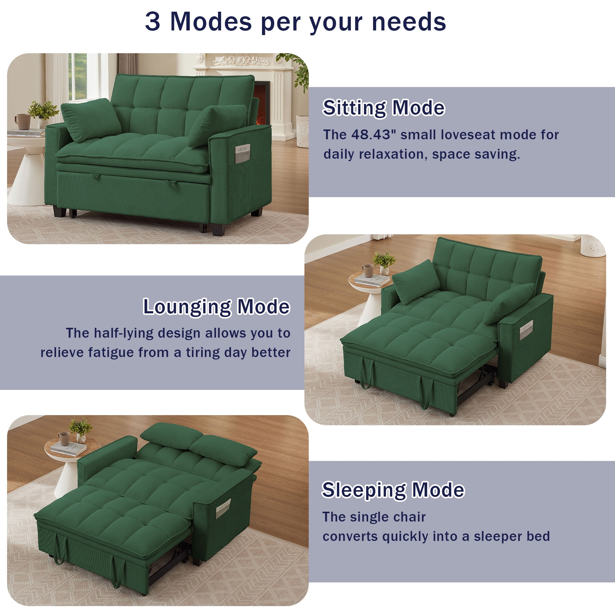Pingliang Home Convertible Loveseat Reclining Sleeper Sofa Pull Out Bed,2 Seat Small Couch with Storage Side Pockets,for Living Room Apartment Office Studio