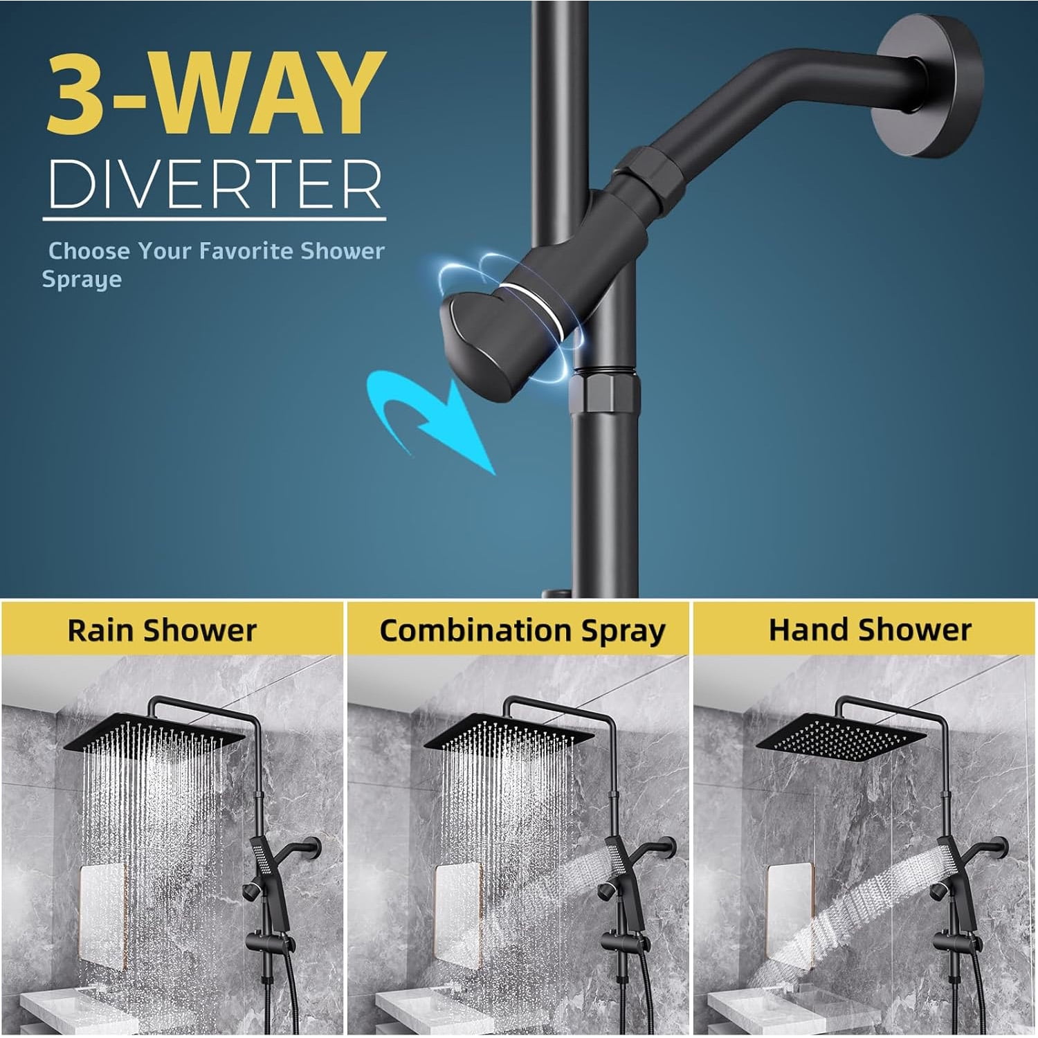 ROSYNEY 12 Inch Metal Rain Shower Heads with Handheld Spray, Dual Shower Head with Adjustable Slide Bar and Stainless Steel Hose, Height Adjustable, Matte Black
