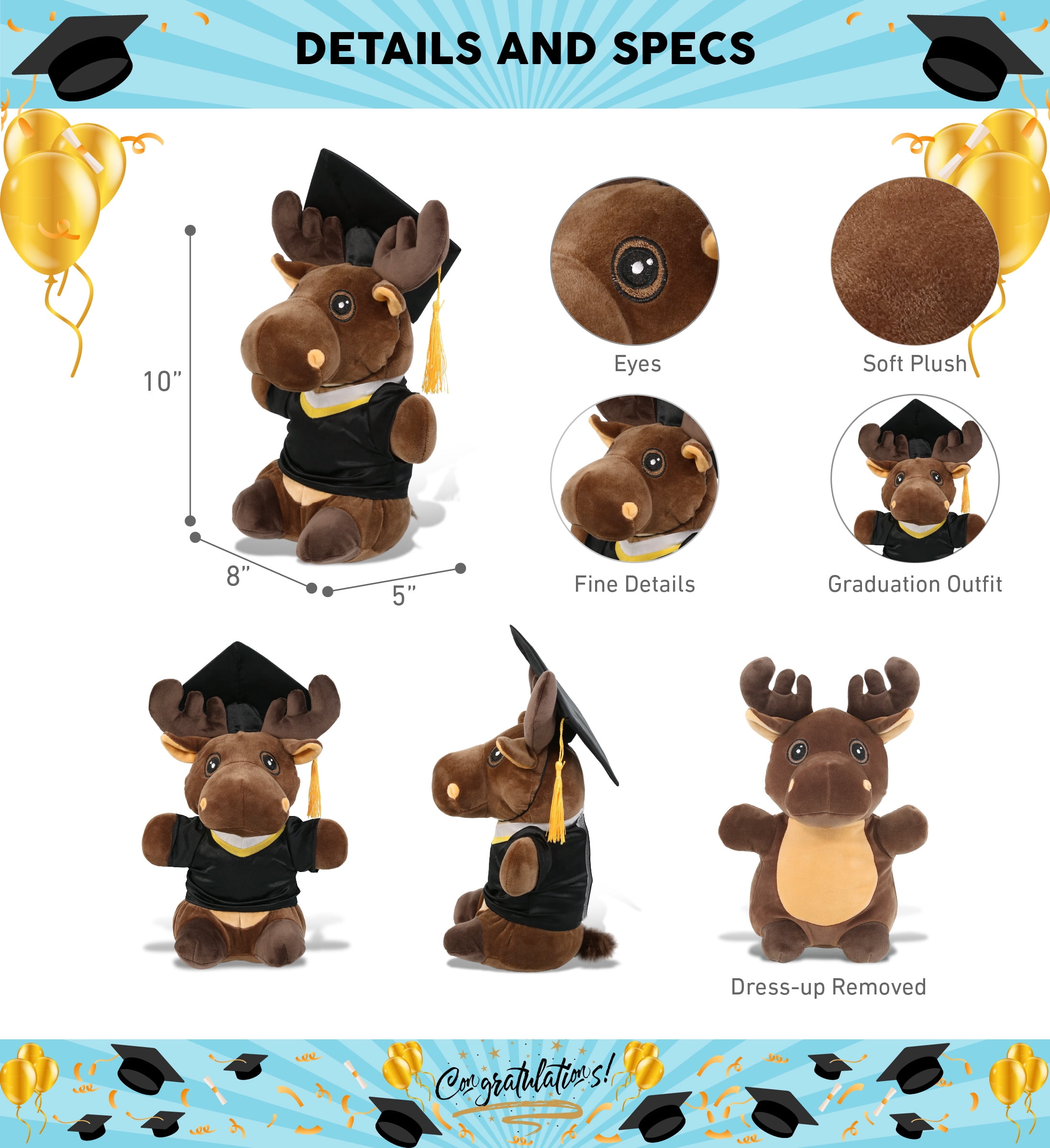 DolliBu Standing Moose Graduation Plush Toy - Snug-Mooshies Moose Plush Graduation Stuffed Animal Dress Up with Graduation Gown and Cap with Tassel Outfit - Congratulatory Graduation Gift - 7 Inches