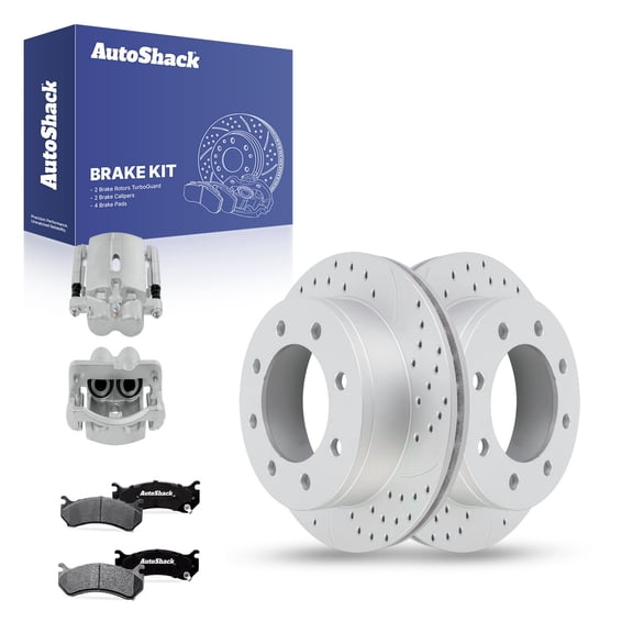 AutoShack Rear Vented Drilled & Slotted Coated Brake Rotors Silver Matte Finish   Ceramic Pads   Calipers 8-PC Brake Kit Replacement for 2003-2009 Hummer H2 TurboGuard 12.99" (330 mm)