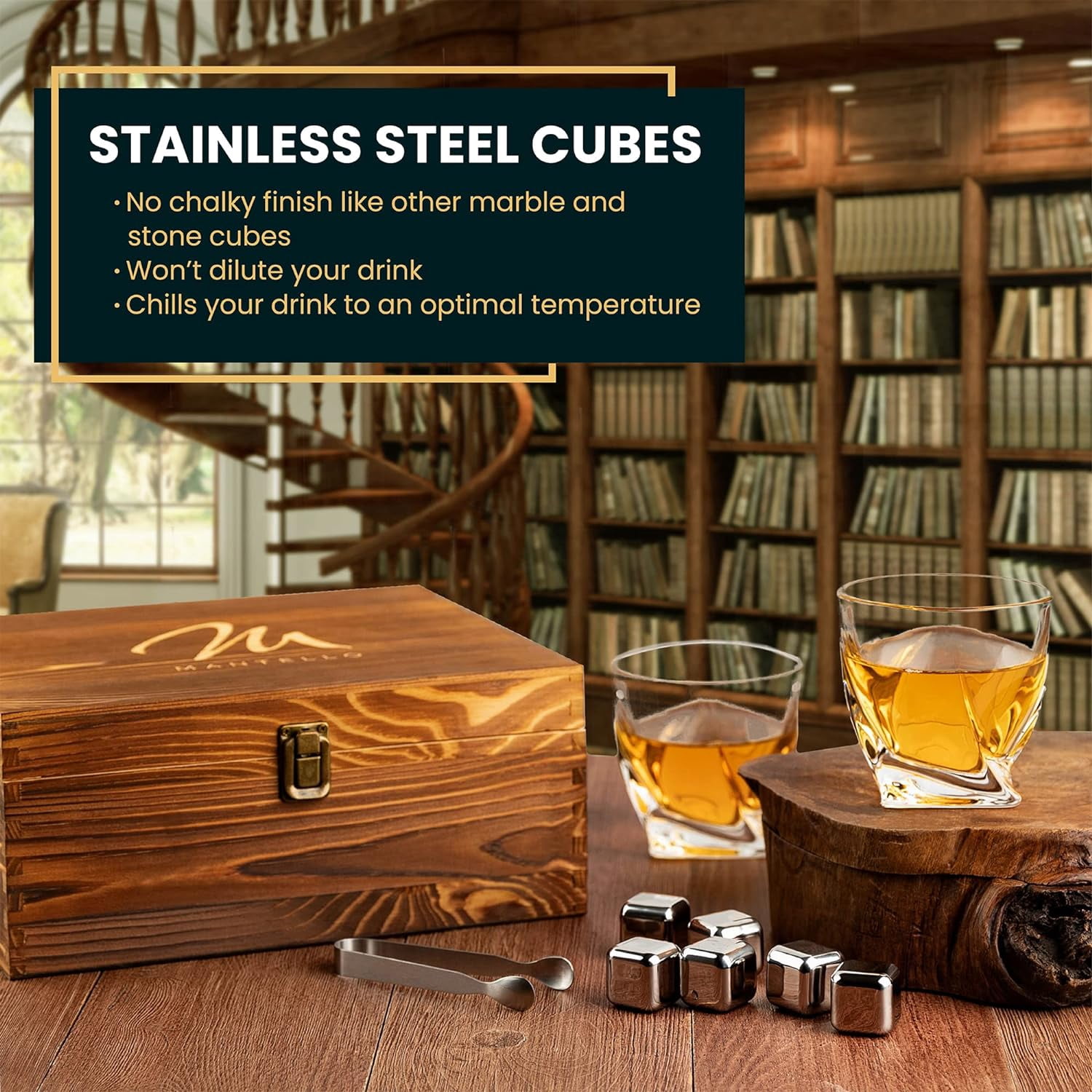 Mantello Whiskey Stones Gift Set for Men - Whiskey Glass Set of 2 with Stainless Steel Whiskey Stones - Whiskey Gifts for Men, Whisky Glasses and Whiskey Stones Rocks