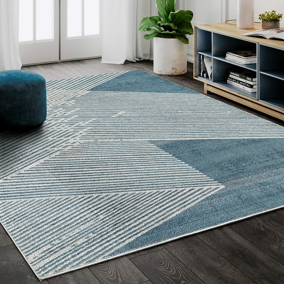 Abani Vista Collection Modern 4' x 6' Blue Beige Diagonal Lines Area Rug