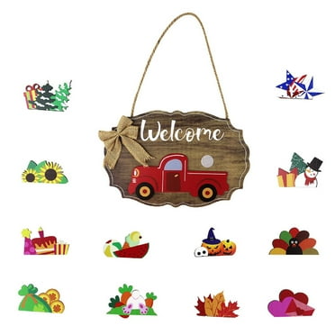 Welcome Spring Summer Front Door Sign, Farm Wood Door Hanger Outdoor Outside Porch Decor with Hang Decoration, Wooden Wreath Indoor Wall Hanging Decoration