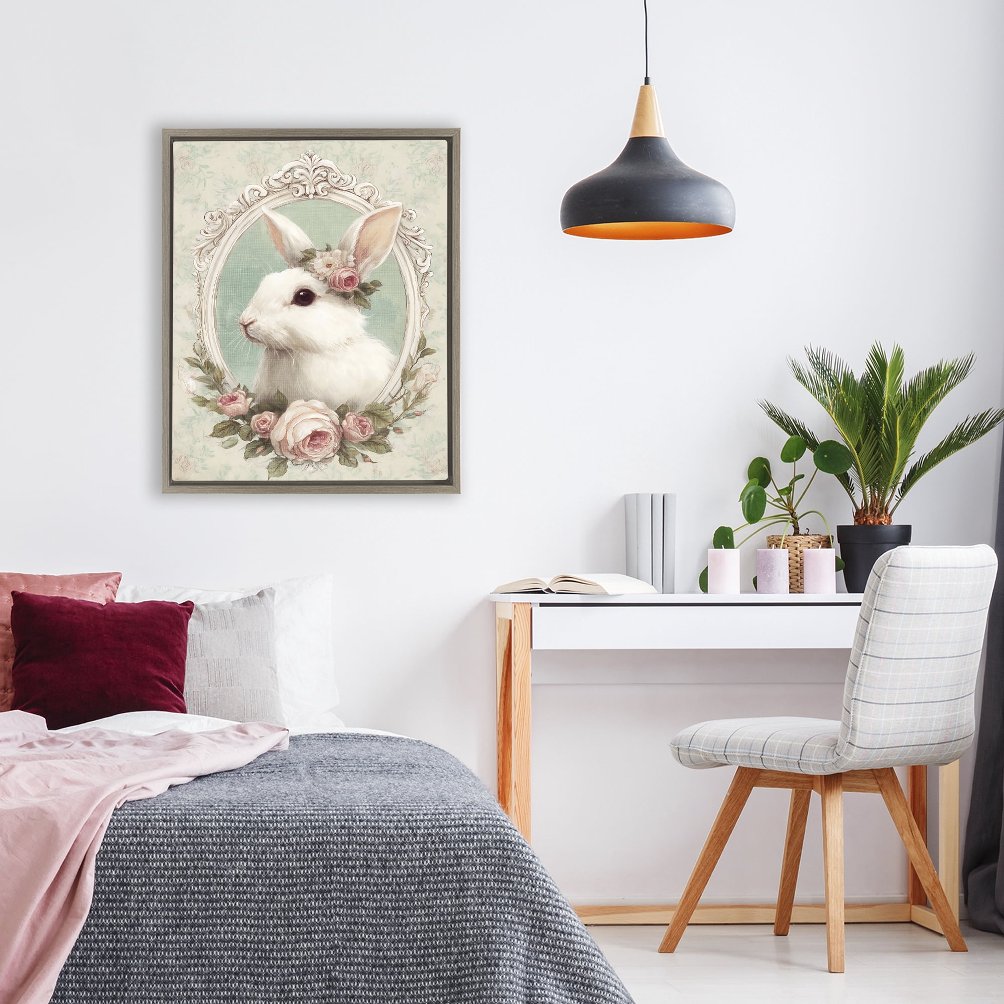 Stupell Industries Flower Fringed Bunny Portrait Brown Framed Floater Canvas Wall Art, design by Ink Drop Loft