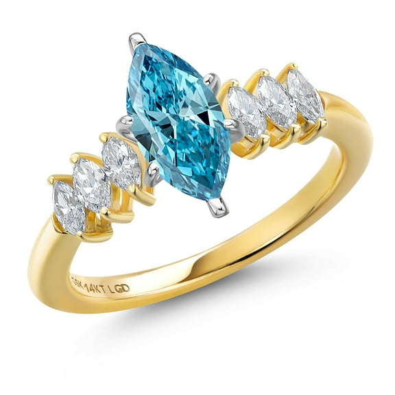 Gem Stone King 14K Yellow Gold IGI Certified Fancy Vivid Blue Lab Grown Diamond Engagement Ring for Women | 1.42 Cttw | Center Marquise Cut Diamond 1Ct | VS1-VS2 Clarity | Size 7