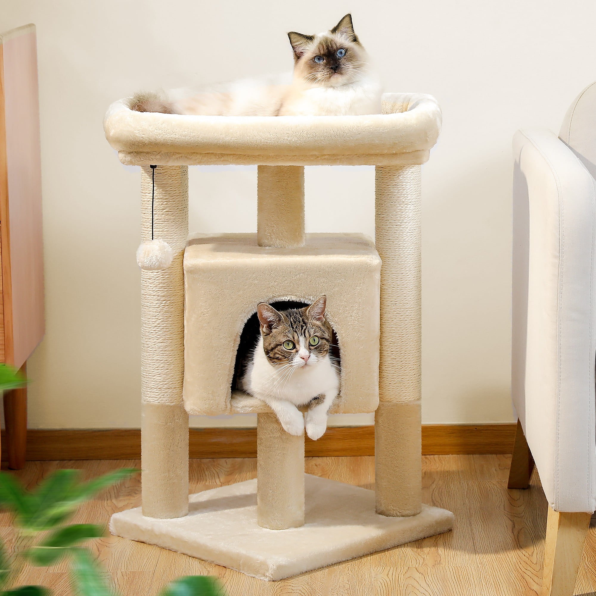 Kadyn 28" Multi-Level Cat Tree Tower Cat Condo with Scratching Posts, Jump Platform Top Perch and Dangling Ball, Beige