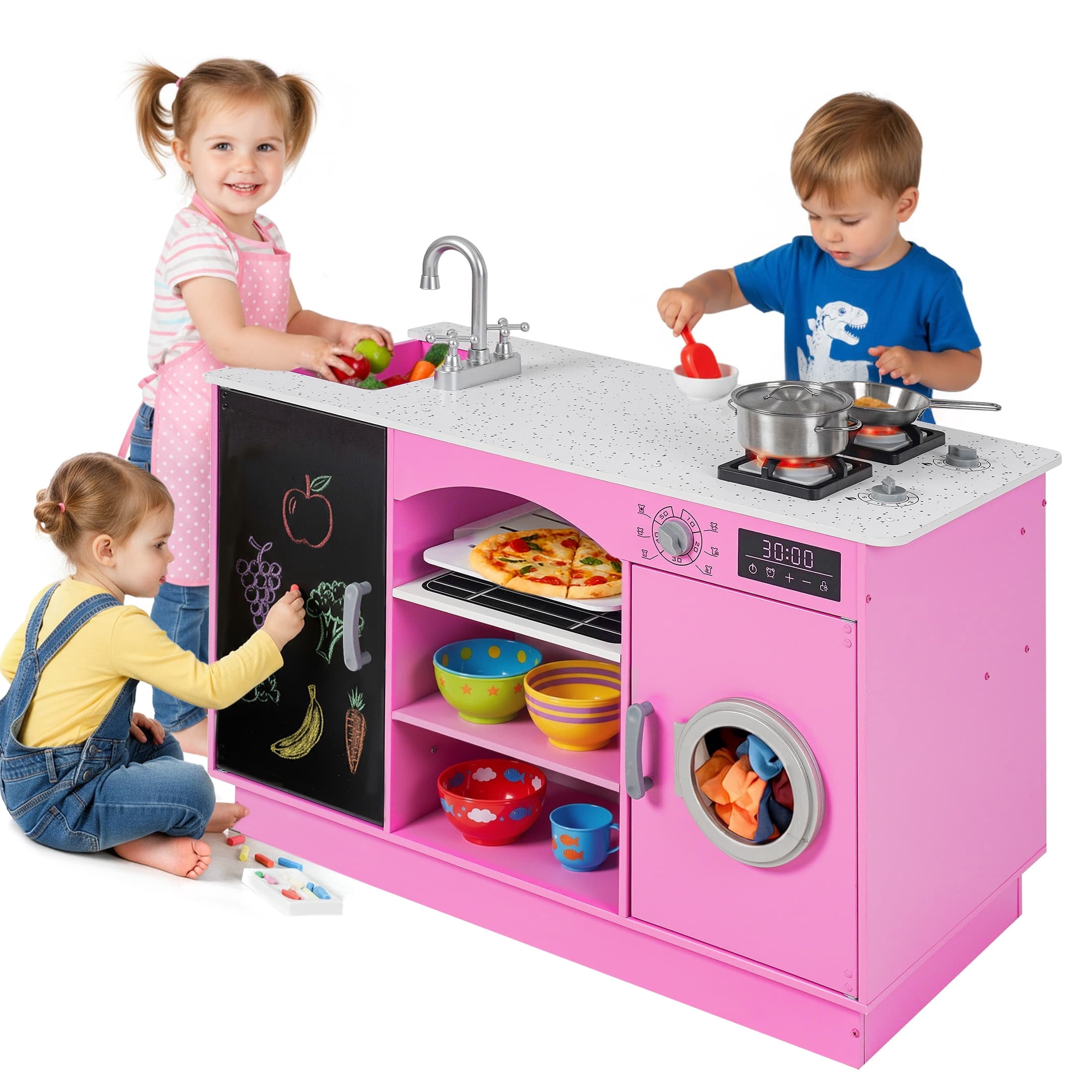 COCLUB Modern Wooden Play Kitchen Island for Kids, Pretend Play Center w/ Electronic Light & Sound Effects, Kids Kitchen Playset | Microwave, Washer, Ice Maker, Chalkboard & Accessories Included