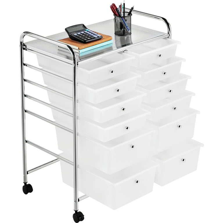 Boyel Living HYSN-56500CL 12 Plastic Drawers Rolling Cart Storage Organizer Bins with Four Wheels in White